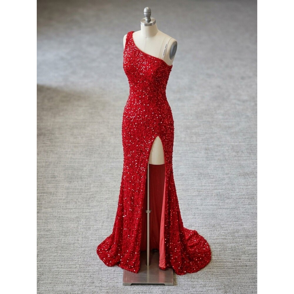 Red Sequin One Shoulder Crushed Velvet Maxi Dress with High Slit size 00